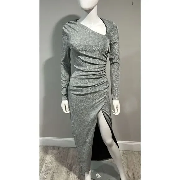 Alexis Admor Cutout Silver Ruched Shimmer Gown Size Small - Picture 6 of 10